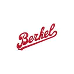 Das Bild zeigt das rote Logo der Marke "Berkel" in einer geschwungenen Schriftart.