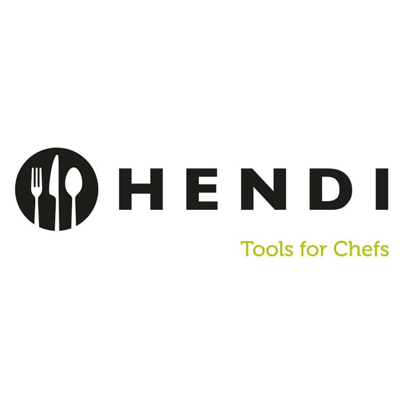 Das Bild zeigt ein Logo mit dem Namen "HENDI" und dem Slogan "Tools for Chefs", neben Bestecksymbolen.